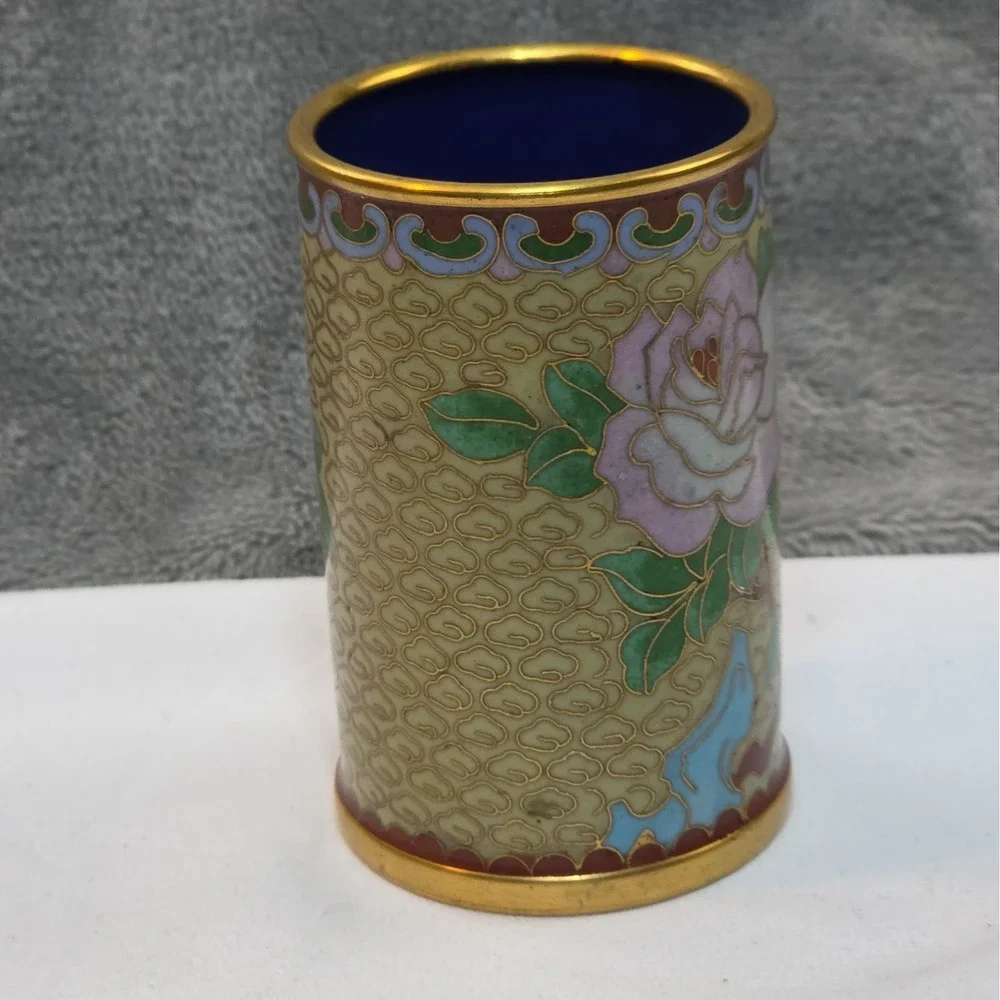 Vintage Cloisonne Enamel And Brass Rose 3